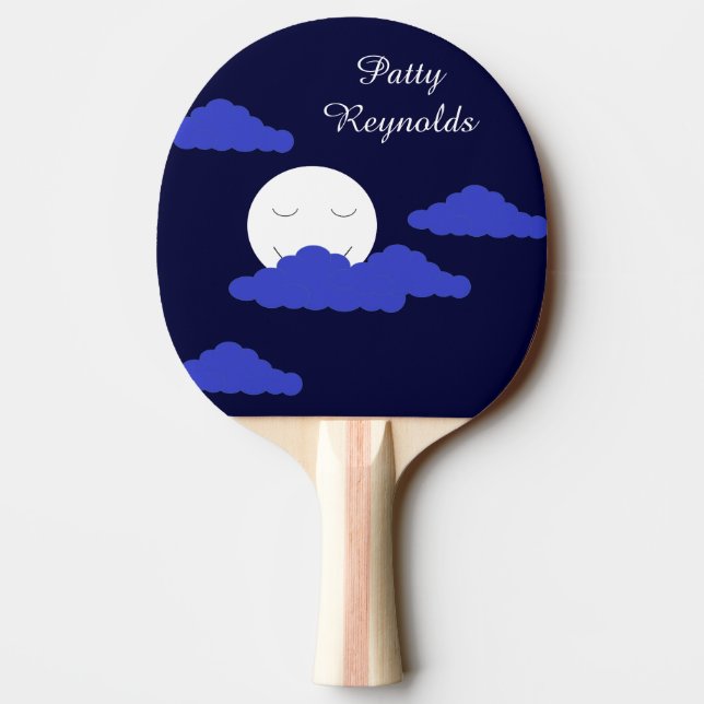 Smiling Full Moon with Clouds:  Dark Blue Ping Pong Paddle (Back)