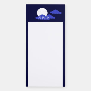 Smiling Full Moon with Clouds: Dark Blue & White Magnetic Notepad