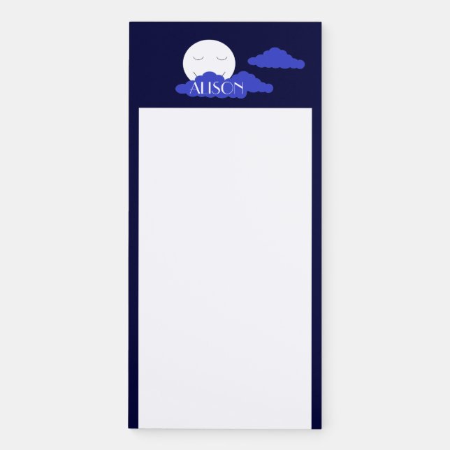 Smiling Full Moon with Clouds: Dark Blue & White Magnetic Notepad (Front)