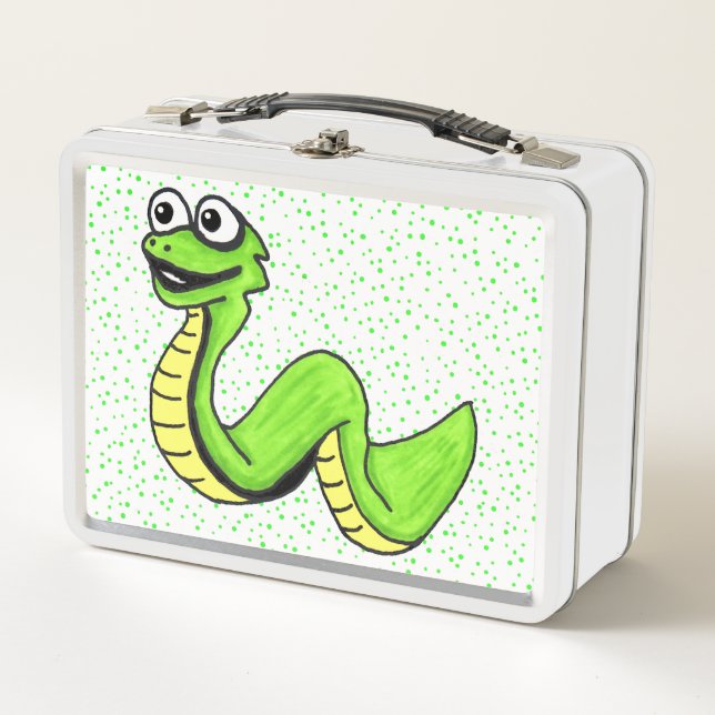 Smiling Fun Cartoon Snake Bright Green on Dots Metal Lunch Box (Front)