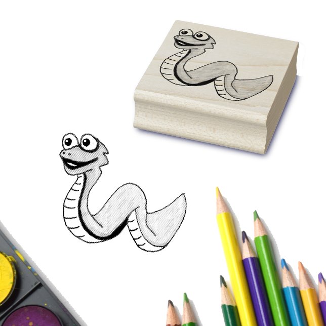 Smiling Fun Cartoon Snake Illustration Big Eyes Rubber Stamp (Creator Uploaded)