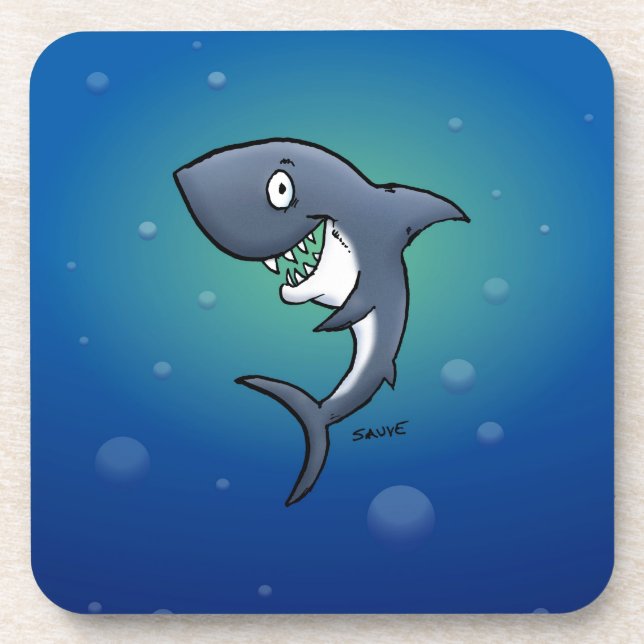 Smiling Funny Shark on Blue Background Beverage Coaster (Front)