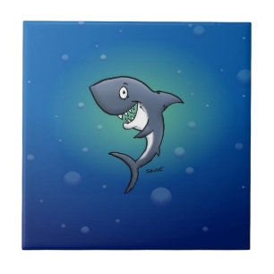 Smiling Funny Shark on Blue Background Ceramic Tile