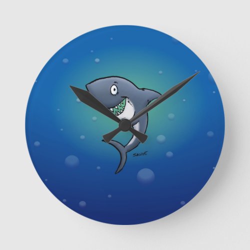 Smiling Funny Shark on Blue Background Round Clock