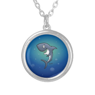 Smiling Funny Shark on Blue Background Silver Plated Necklace