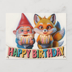 Smiling Garden Gnome and Fox Cub Birthday  Postcard