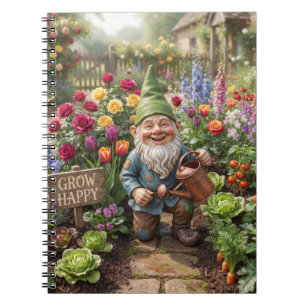 Smiling Garden Gnome Watering Flowers in Garden Notebook