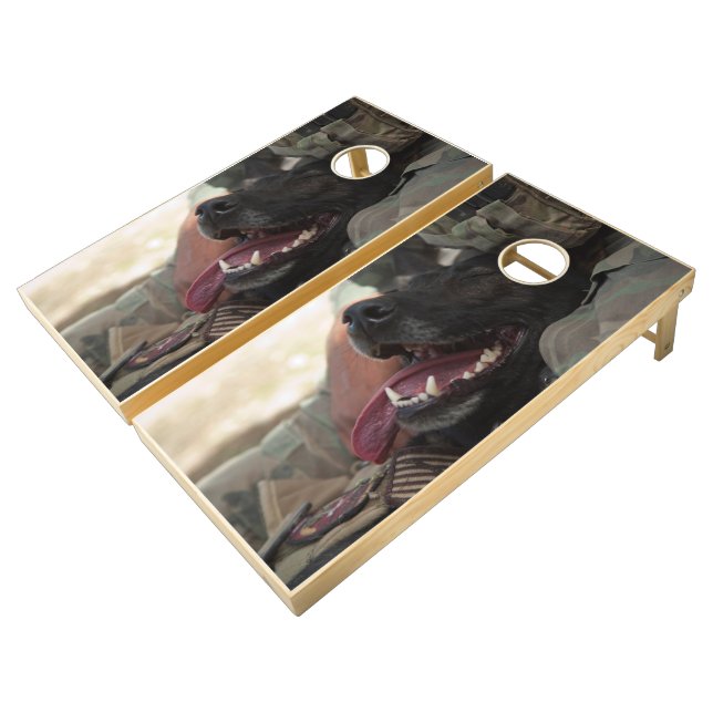 Smiling German Shepherd Military Dog Cornhole Set (Angled)