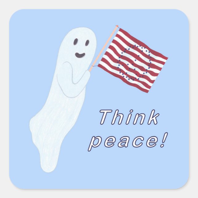 Smiling Ghost holding U.S. flag, Think peace Square Sticker (Front)