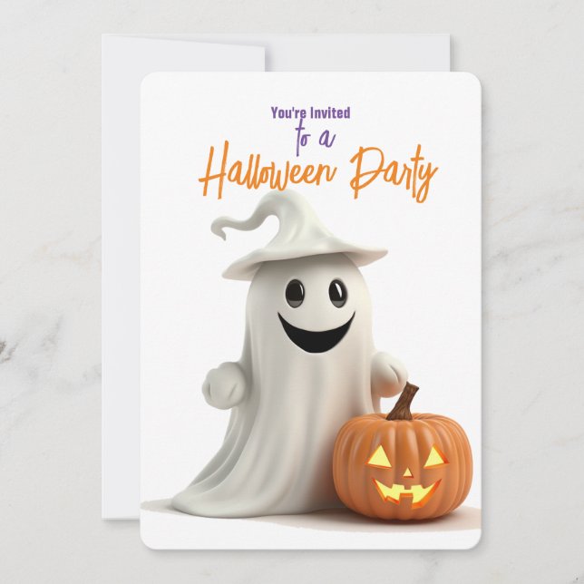 SMILING GHOST WITH PUMPKIN HALLOWEEN PARTY INVITATION (Front)