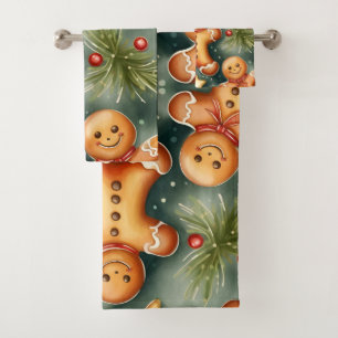 Smiling ginger breadman Christmas Pattern Bath Towel Set