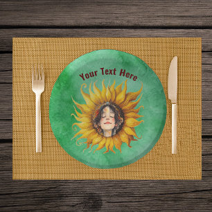 Smiling Girl Brown Hair in Big Sunflower on Green Paper Bowls