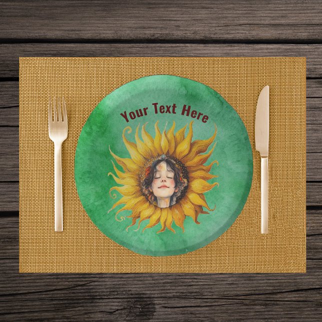 Smiling Girl Brown Hair in Big Sunflower on Green Paper Bowls (Smiling girl brown hair in middle of big fancy yellow sunflower on green paper party bowls.)