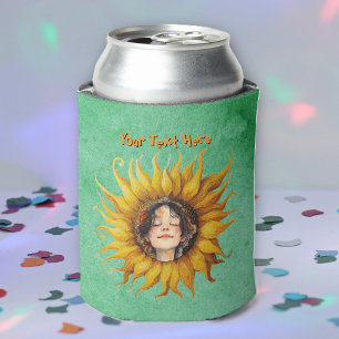 Smiling Girl Brown Hair inside Yellow Sunflower Can Cooler