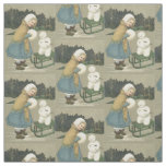 Smiling Girl Snowman Sleigh Snow Woods Fabric