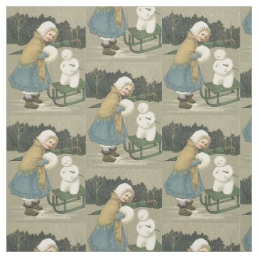 Smiling Girl Snowman Sleigh Snow Woods Fabric