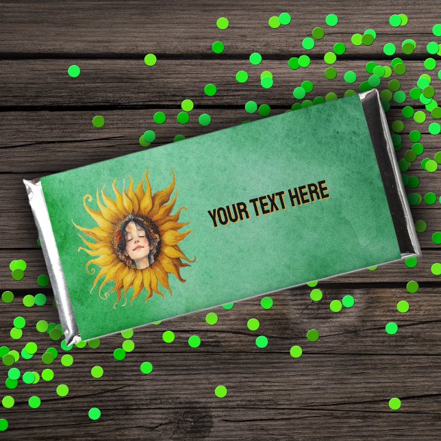 Smiling Girls Face in Big Yellow Sunflower Green Hershey Bar Favors (Smiling girl brown hair in center of yellow sunflower on green Hershey bar wrapping paper favors.)