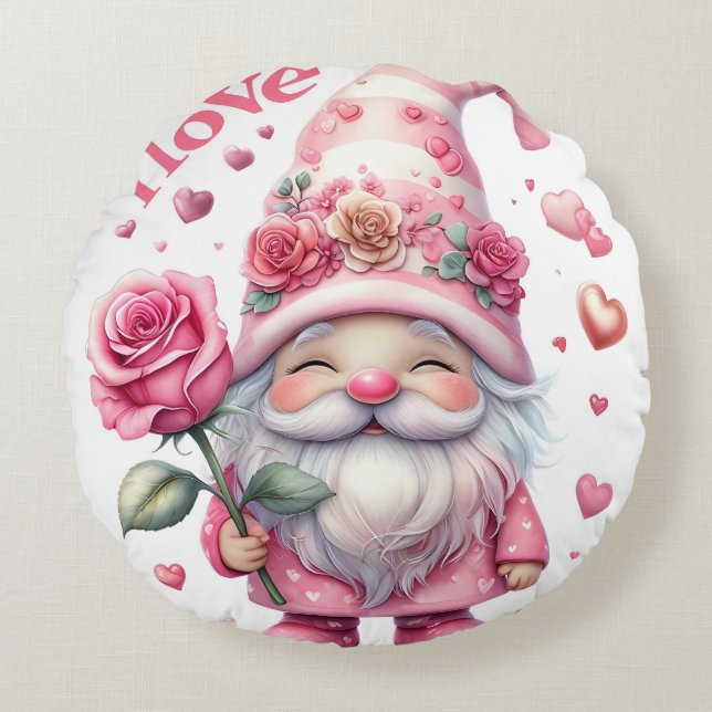 Smiling Gnome Holding a Pink Rose  Round Pillow (Front)