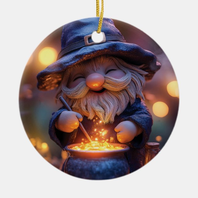 Smiling Gnome Stirring Magic Pot Ceramic Ornament (Front)