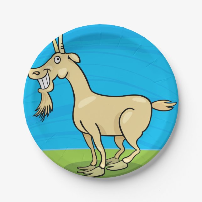 Smiling Goat Cartoon Farm Animal Paper Plates (Front)