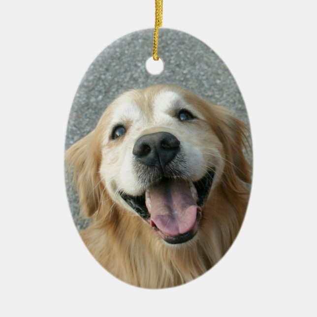 Smiling Golden Retriever Ceramic Ornament (Front)