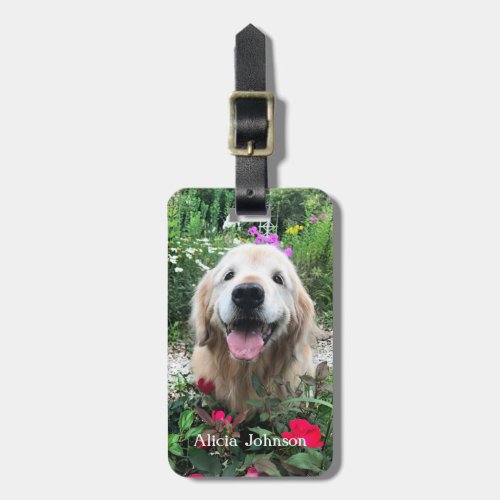 Smiling Golden Retriever Dog Among Flowers Luggage Tag