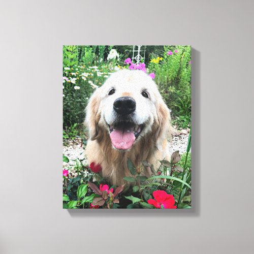 Smiling Golden Retriever Dog Among Red Flowers Canvas Print