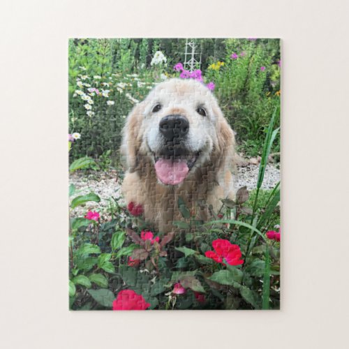 Smiling Golden Retriever Dog Among Red Flowers Jigsaw Puzzle