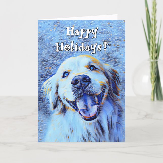 Smiling Golden Retriever Dog Blue Art Christmas Holiday Card (Front)