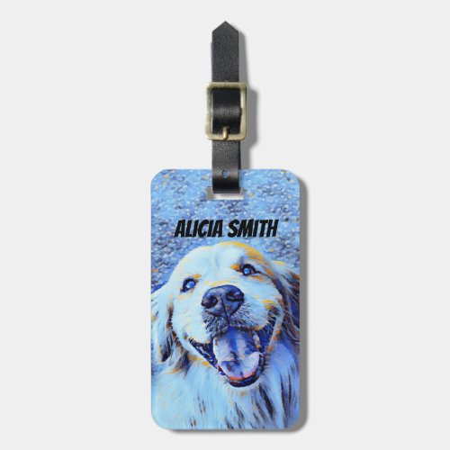 Smiling Golden Retriever Dog Blue Art Luggage Tag