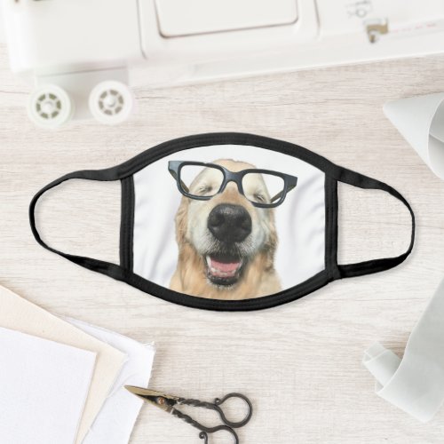 Smiling Golden Retriever Dog in Nerd Glasses Face Mask