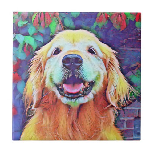 Smiling Golden Retriever Dog in Vibrant Colors Ceramic Tile