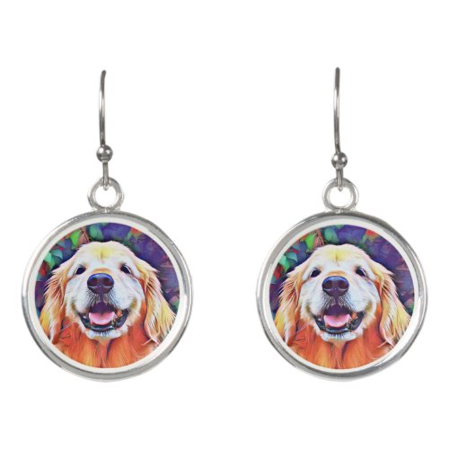 Smiling Golden Retriever Dog in Vibrant Colors Earrings