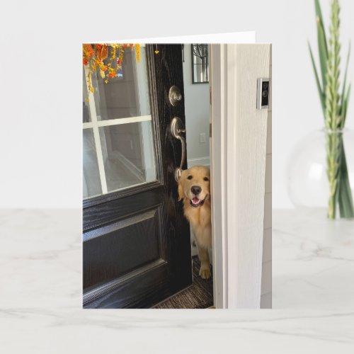 Smiling Golden Retriever Dog Peeking Out Door Hi Card