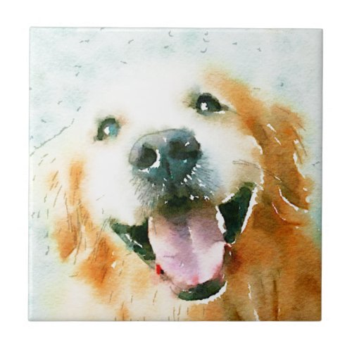 Smiling Golden Retriever in Watercolor Ceramic Tile