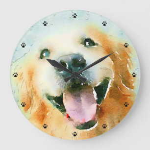 Smiling Golden Retriever in Watercolor Large Clock