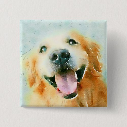 Smiling Golden Retriever in Watercolor Pinback Button