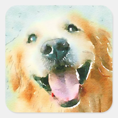 Smiling Golden Retriever in Watercolor Square Sticker