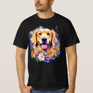 Smiling Golden Retriever Lavender Bouquet T-Shirt
