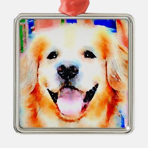 Smiling Golden Retriever Watercolor Portrait Metal Ornament