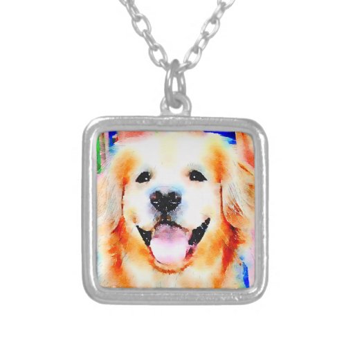 Smiling Golden Retriever Watercolor Portrait Silver Plated Necklace