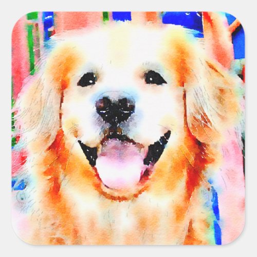 Smiling Golden Retriever Watercolor Portrait Square Sticker