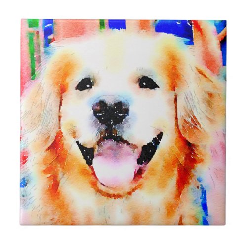 Smiling Golden Retriever Watercolor Portrait Tile