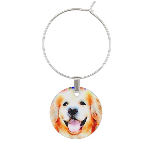 Smiling Golden Retriever Watercolor Portrait Wine Glass Charm