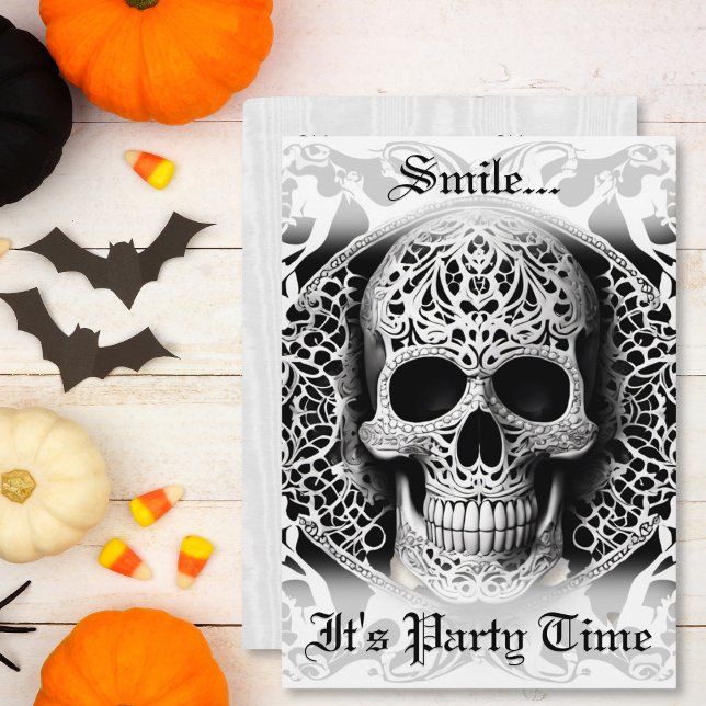 Smiling Gothic Skull Black & White Halloween Invitation (Creator Uploaded)