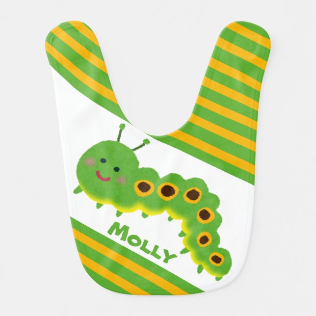 Smiling green Caterpillar with stripes Custom Baby Bib (Front)