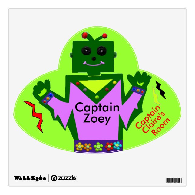 Smiling Green Girl Robot Green UFO PERSONALIZE Wall Decal (Front)