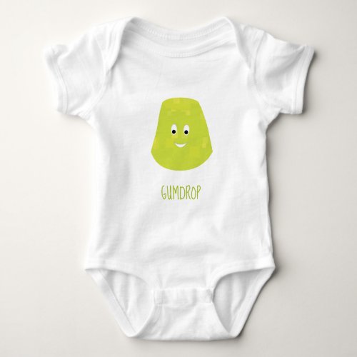 Smiling green gumdrop character word baby bodysuit