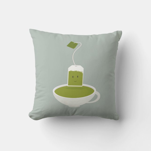 Smiling green tea bag with tea cup throw pillow (Front)