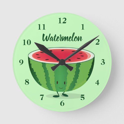 Smiling Green Watermelon Cartoon Word Numbers Round Clock